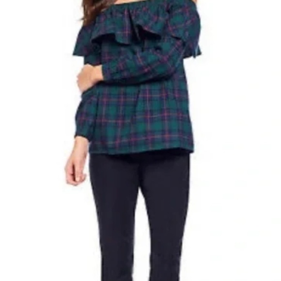 Gibson & Latimer Green Plaid Ruffle Neck Blouse Size XL - Picture 2 of 6